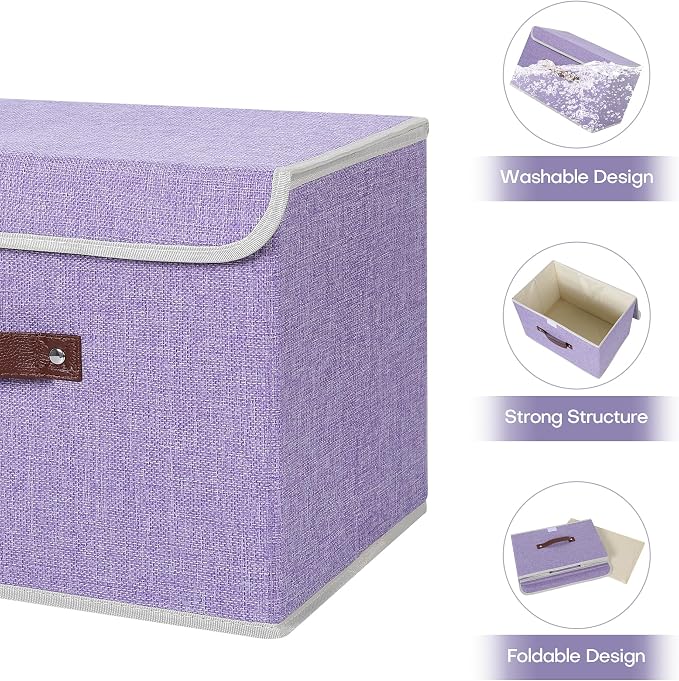 ANMINY Storage Bin with Lid Storage Boxes with PU Leather Handles PP Plastic Board Decorative Foldable Lidded Cotton Linen Fabric Home Cubes Baskets Closet Organizer Container - Purple, Medium