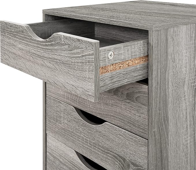 Naomi Home 5-Drawer Rolling Chest, Grey, Smart Storage with Metal Slide Glides & Smooth Wheels, Compact Space-Saver, Easy Assembly, Durable Engineered Wood