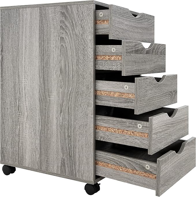 Naomi Home 5-Drawer Rolling Chest, Grey, Smart Storage with Metal Slide Glides & Smooth Wheels, Compact Space-Saver, Easy Assembly, Durable Engineered Wood