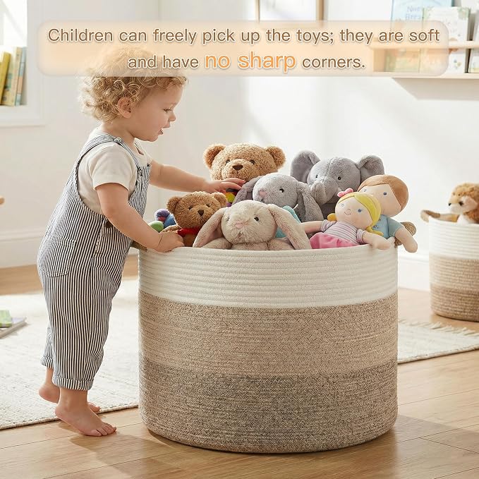 Artfeel 70L Large Cotton Rope Basket, Decorative Woven Blanket Storage for Living Room, Boho Toy Storage & Toy Box for Kids, Versatile Laundry Basket & Nursery Hamper for Blankets(BrownYellow)
