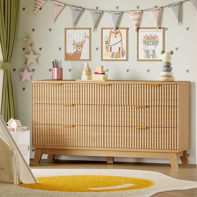 BORNOON 57" Long Dresser for Bedroom, 7-Drawer Fluted Chest, Wide Wood Storage Dresser with Metal Slides and Handles, Stable Base, Modern Clothes Organizer for Primary Suite, Guest Room, Nursery