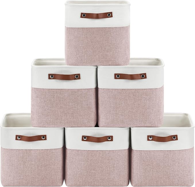 Patvingot Fabric Storage Cubes 11", 6 Pack, with PU Pull Handles,Foldable | For accessories on cube shelves or in closets; reinforced opening, pull-out access, folds flat when empty,white and pink