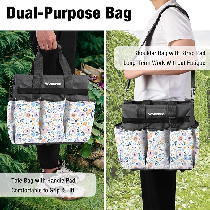WORKPRO Garden Tool Bag, 10 Pockets and Shoulder Strap, Floral White | Heavy Duty Gardening Organizer Tote Bag Standable Garden Home Tool Kits Organizer (Tools are not Included)