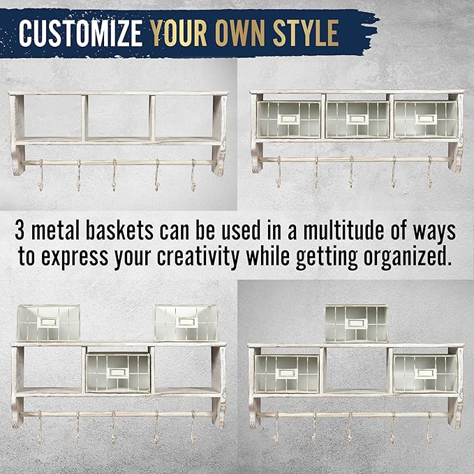 BizChair Wall Mounted Storage Rack - Whitewashed Solid Pine Wood - 24 Inch - Upper Shelf - 5 Hooks - Wire Baskets - For Entryway, Kitchen, Bathroom