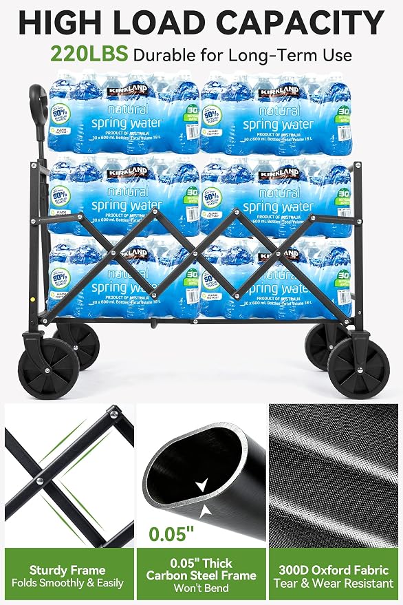 Hikenture Collapsible Wagon Cart with Wheels, 220 lbs Foldable Wagon | 9 lbs Lightweight Portable Utility cart, All Terrain Folding Wagon for Grocery Shopping, Garden, Sports, Camping, Daily Use
