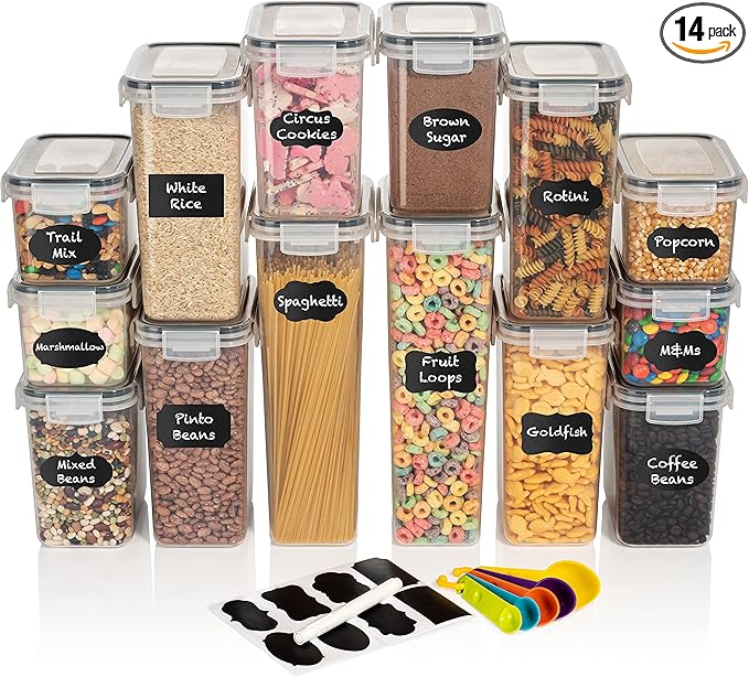 ClearSpace Airtight Food Storage Containers with Lids –14 Pack Kitchen Organization Set, Pantry Organization and Storage, Plastic Canisters with Lids - Cereal Containers Storage, Flour, Sugar (Black)