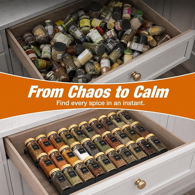 8 Pack Spice Drawer Organizer, Expandable Spice Seasoning Rack Organizer Tray Insert Holds up to 32 Jars (Jars Not Included)