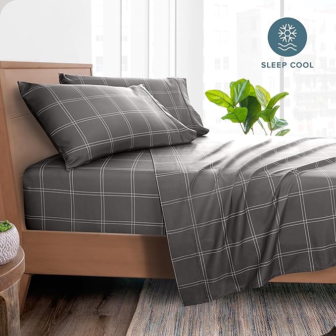 Bare Home King Sheet Set - Luxury 1800 Ultra- Soft Double Brushed Microfiber - Deep Pockets - Easy Fit - 4 Piece Bedding Sheet Set (King, Modern Plaid - Grey/White)