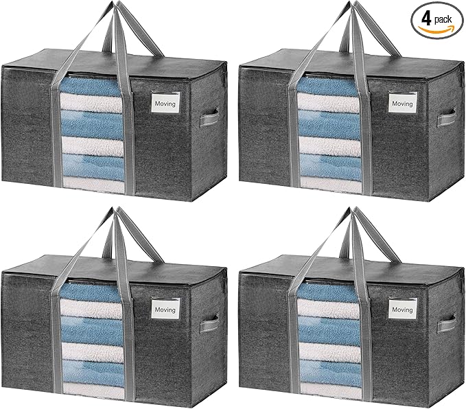 VENO 4 Pack Moving Bags with Clear Window, Heavy Duty Storage Bins with Lid, Around Handles, Tag, Zippers, Extra Large Totes Packing Moving Boxes Supplies for College Dorm Clothes (Dark Gray)