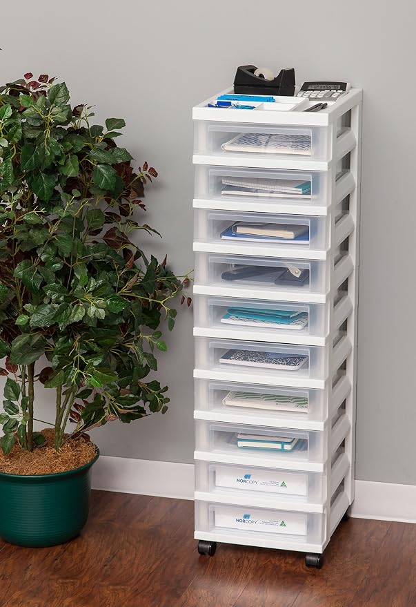 IRIS USA 10-Drawer Rolling Storage Cart, White/Clear | Keep craft supplies, office essentials, classroom items, and accessories organized with easy-access drawers for daily use