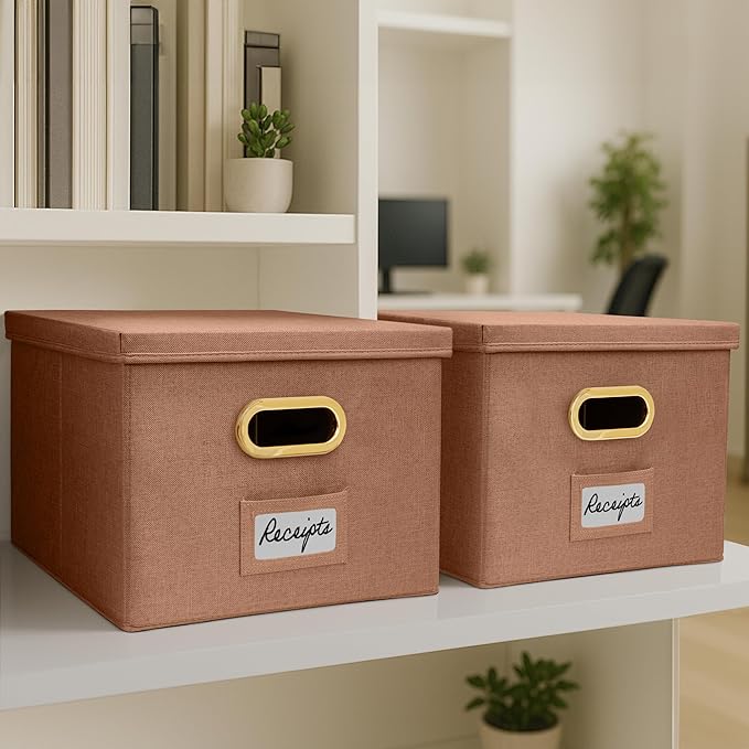 ZICOTO Decorative File Organizer Box Set of 2 - Collapsible Linen Filing Cabinets w/Handles Are Perfect to Store all Your Documents & Hanging File Folders - Portable Easy Slide Crates with Lid