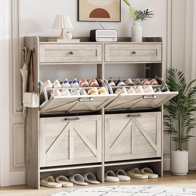 Shoe Cabinet with 4 Flip Drawers & 2 Top Drawers, 43" Tall Freestanding Narrow Wooden Shoe Storage Organizer for Entryway, Hidden Slim Shoe Rack for Front Door Entrance, Hallway, Living Room, Grey