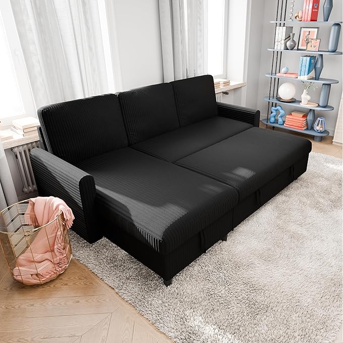Vongrasig Pull Out Couch, 2 in 1 Small Sofa Bed Sleeper Sofa with Storage, 77" L Shaped Convertible Sofa with Storage Chaise for Living Room, Apartment, Black