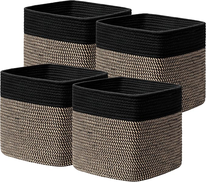 joybest 13inch Cube Storage Bins, Cotton Rope Woven Organizer Basket | Set of 4 Cube Bin Square Shelves Organizer Closet Storage, Nursery, Toy Organization, Black&Dark Brown
