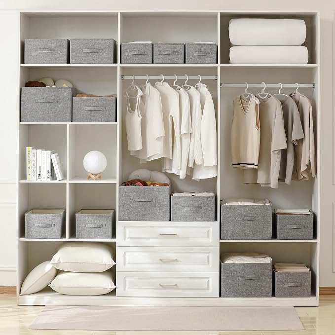 Linen Folding Storage Bins, 3 Pack Large Storage Baskets, Washable, Clothing Storage Bins with Handle, Closet Organizer for Storage Sweater,Sheets(dark grey, 18½"x11" x8½")