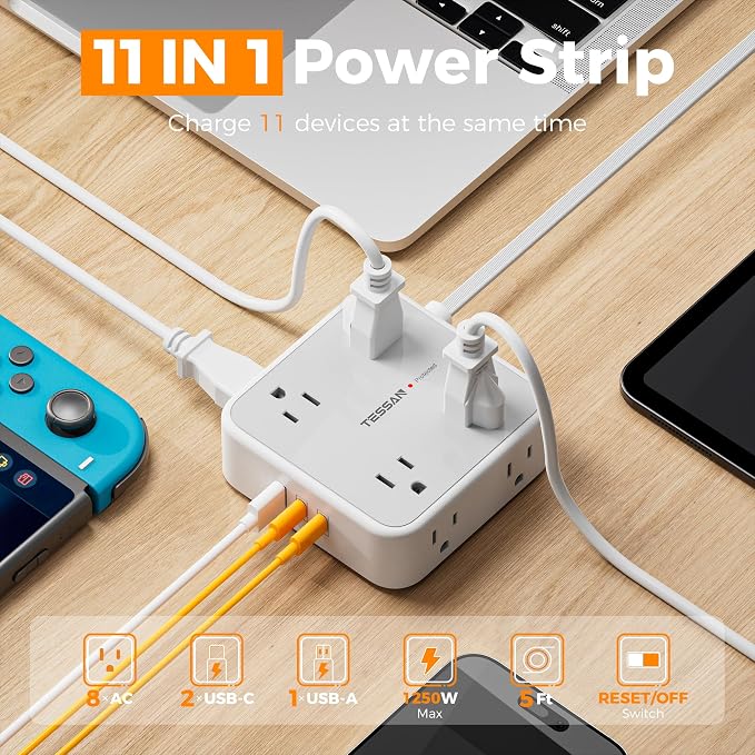 TESSAN Surge Protector Power Strip, 5 Ft Flat Plug Extension Cord with 3 USB (2 USB C) 8 Outlets, 900J Protection, 3 Sided Outlet Extender with Power Switch for Office, Dorm Room, Grey