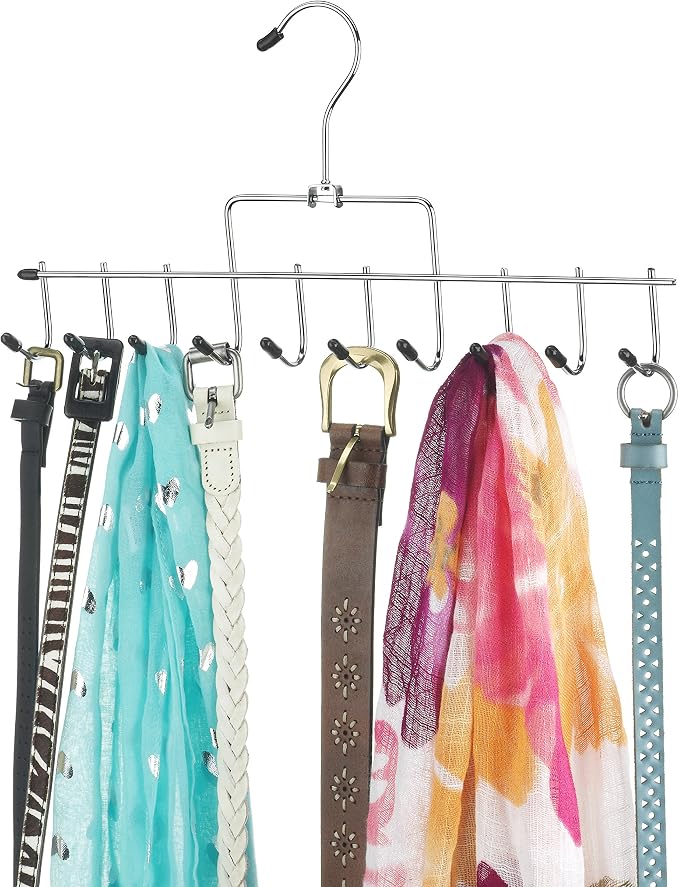 Whitmor Clothes Hanger, 10 Hook Accessory Hanger, Chrome Metal Tie Hanger for Closet, Belt, Ties, Scarves Organizer and Rack, Space Saving Closet Accessories, Black Tips