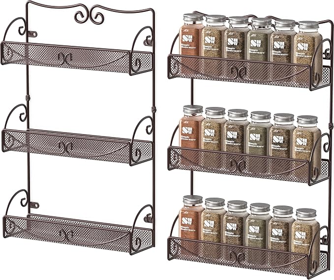 Deco Brothers 3 Tier Wall Mounted Hanging Spice Rack, Bronze, 2 Pack