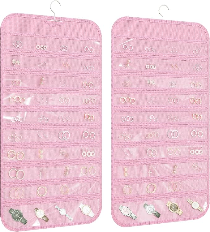 Hanging Jewelry Organizer 80-Pocket Double-Sided Storage, 1-Pack, Pink | Foldable clear PVC 80-pocket storage; swivel hook fits walls, doors & rods to organize earrings, necklaces, bracelets & rings