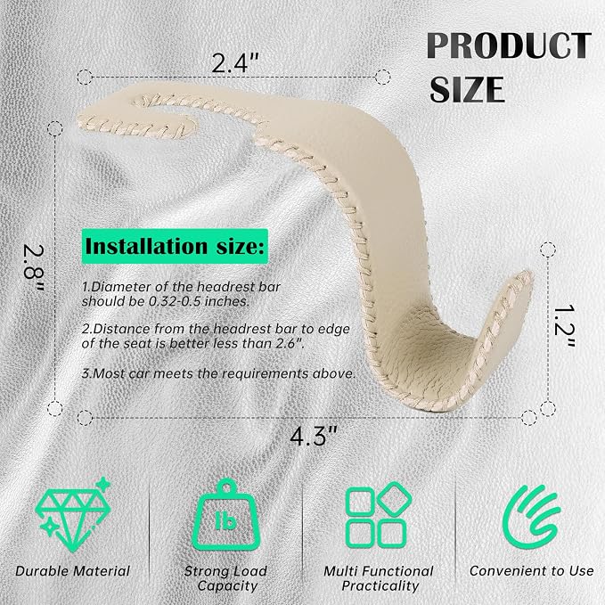 Amooca Car Seat Headrest Hook Universal Vehicle Storage Hanger Leather with Metal Car Seat Back Organizer for Handbag Purse Coat Beige 4 Pack