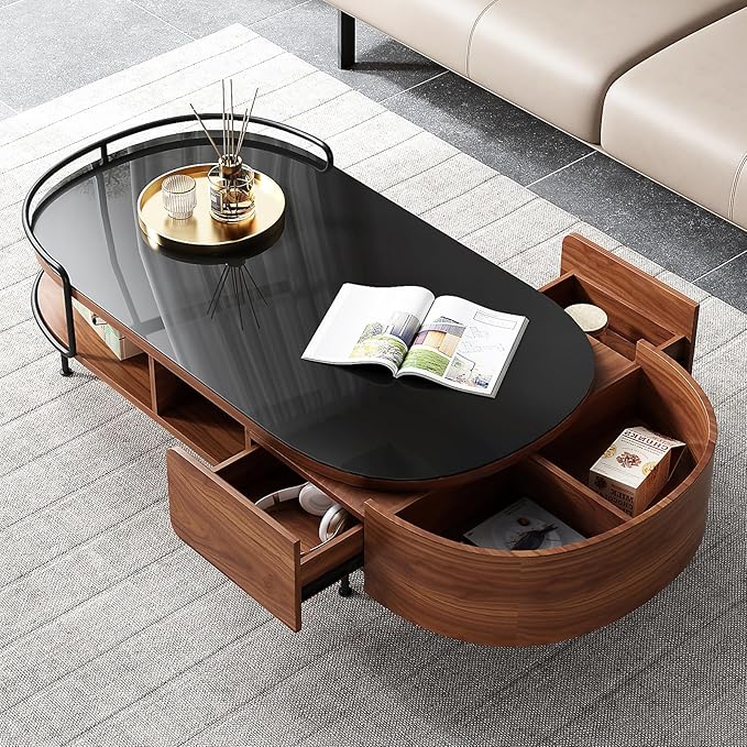 Lartis Oval Coffee Table in Walnut Black Glass Top Coffee Table - Living Room Table with Semi-Circular Storage,Multi Functional Marvel for Modern Living Room