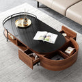 Lartis Oval Coffee Table in Walnut Black Glass Top Coffee Table - Living Room Table with Semi-Circular Storage,Multi Functional Marvel for Modern Living Room