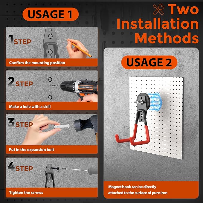6 Pack Large Strong Magnetic Hooks Heavy Duty Garage Big Magnet Hooks Extra Strength Magnetic Utility Storage Hook Hanger with Anti Slip Coating for Garden Indoor Outdoor Hanging Tools Orange