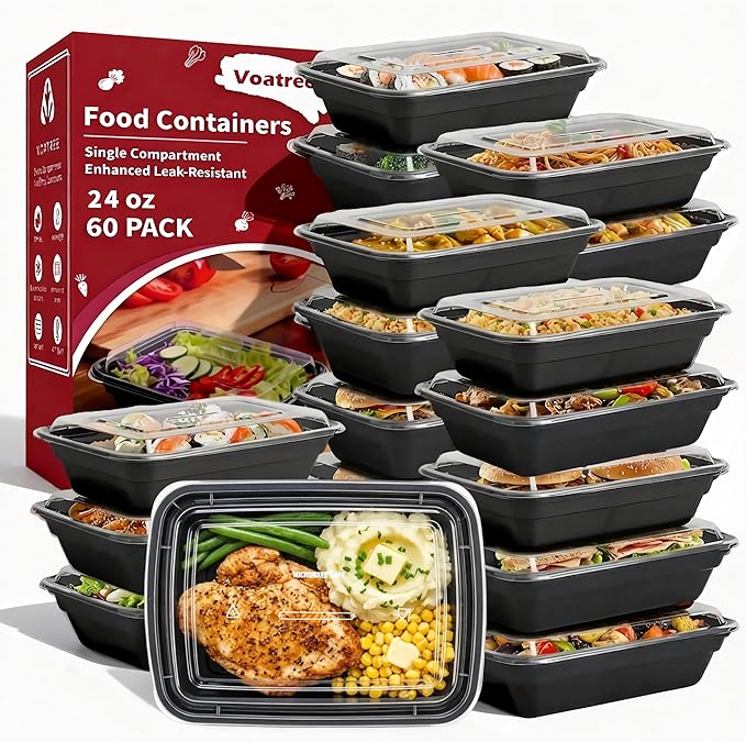 60 Pack 24 oz Plastic Meal Prep Containers with Lids,Microwave Safe | Disposable To Go Food Storage Boxes, Bento Lunch Boxes, Sturdy, Freezer, Dishwasher Safe, Stackable, Leak-proof