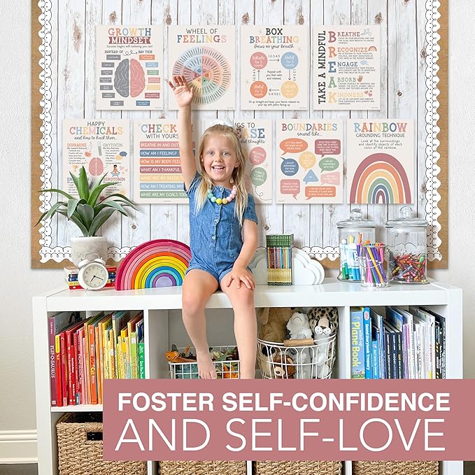 Hadley Designs 9 Mental Health Posters for Classroom - School Counselor Office Must Haves, Mental Health Therapy Office Decor, Growth Mindset Posters, Wheel of Feelings Chart, Boho Classroom Decor