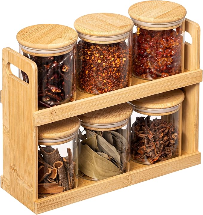 Basicwise Versatile 2-Tier Bamboo Spice Rack and Pantry Organizer with 6 Glass Jars – Perfect for Countertop Storage in Kitchens to Keep Seasoning Containers Neatly Displayed and Easily Accessible