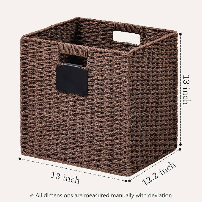 UBBCARE 2 Pack Wicker Basket, 13×13 Storage Cubes with Label, Foldable Cube Storage Bin with Handle, Square Storage Basket for Shelves, Woven Paper Rope Basket for Organizing, Brown