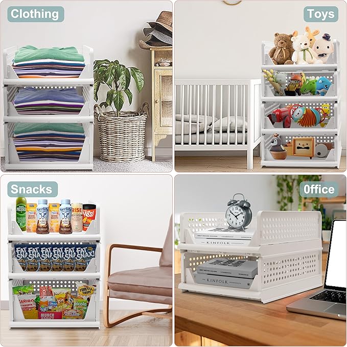 Goderewild Stackable Foldable Storage Baskets, Folding Storage Bins, Closet Organizers and Plastic Drawer Shelf Storage Container for Wardrobe, Cupboard, Kitchen, Bathroom, Office (White, 4L)