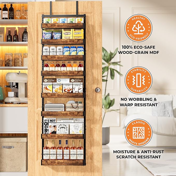 8-Tier Black Metal Back of Door Organizer and Storage for Kitchen Home | Over-Door Pantry Organizer Spice Rack Back of Door Organizer and Storage with Anti-drop Rod & Adjustable Basket