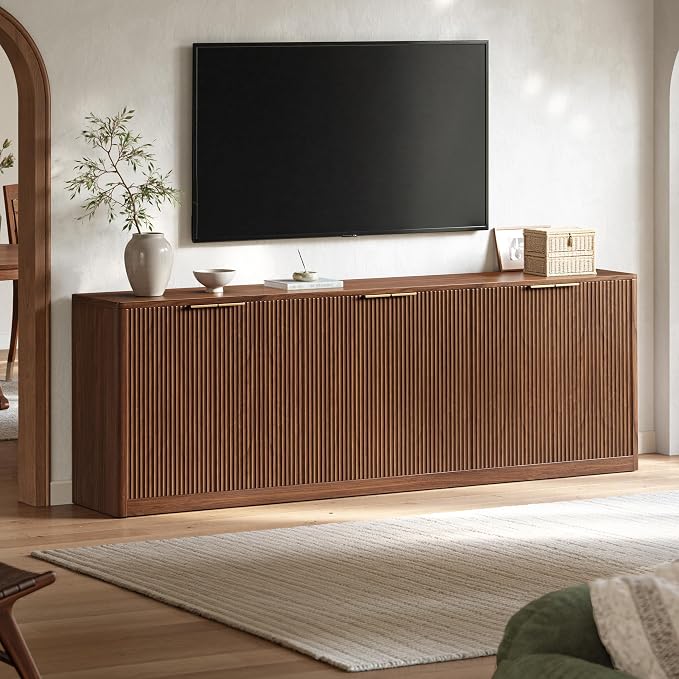 Evermagin 94.5" Fluted Walnut Buffet Cabinet with Storage | Mid-century modern wood sideboard, large credenza with 6 doors for kitchen or living room, 94.5"W x 31.5"H x 15.7"D