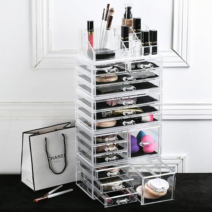Ikee Design 5 Pcs Set Acrylic Makeup Organizer with 15 Drawers and Removable Top Lipstick Holders, Ideal for Make-up, Accessories,Enhance Your Vanity or Bathroom with Clear Design for Quick Visibility