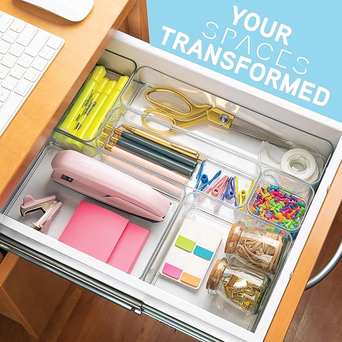 primebox Plastic Clear Acrylic Drawer Organizers. Bathroom, Kitchen, Bedroom, Utensils, Office Organizer Bins, Storage Trays. Heavy Duty, Stackable. 12" x 6" x 2" Set of 6