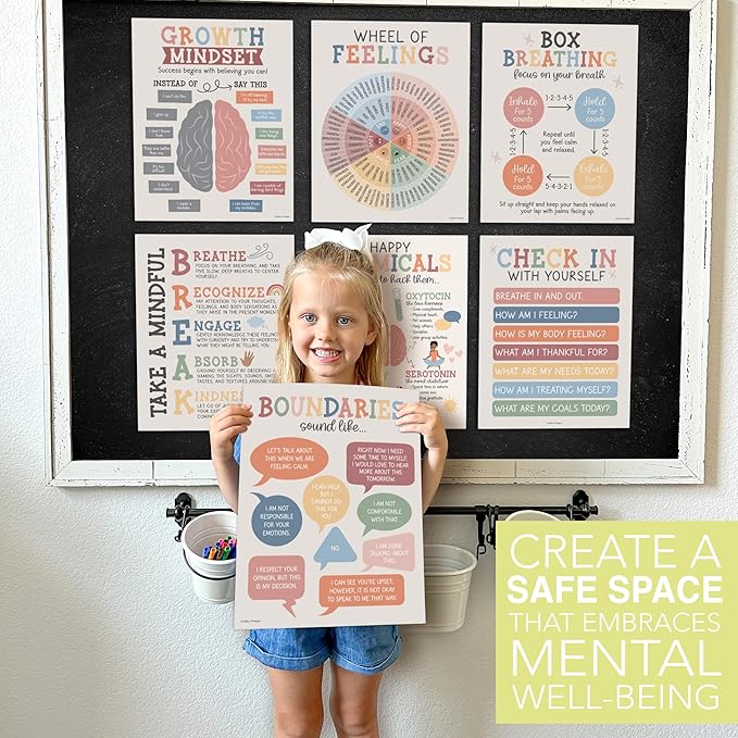 Hadley Designs 9 Mental Health Posters for Classroom - School Counselor Office Must Haves, Mental Health Therapy Office Decor, Growth Mindset Posters, Wheel of Feelings Chart, Boho Classroom Decor