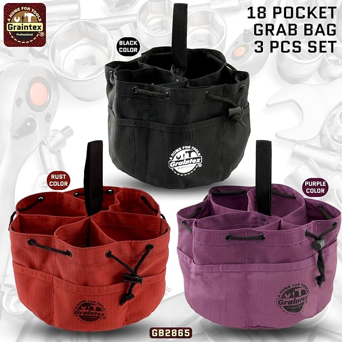 Graintex 18 Pocket Grab Bags Set of 3 Pcs Rip-stop Canvas, Drawstring Closure, Small Parts Organizer Bag, Small Tools, Screws, Parts, Parachute Tool Bag, Parachute Tool Organizer for Essential Items