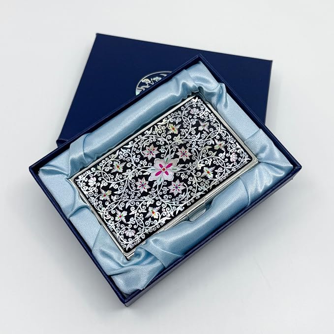 Mother of Pearl Business Card Case Credit Id Name Holder Travel Wallet Art Painting Design Metal Stainless Steel Engraved Slim Purse Pocket Cash Money Wallet (New Arabesque)