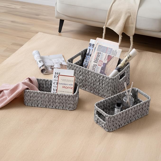 GRANNY SAYS Wicker Baskets for Organizing, Storage Baskets for Shelves, Small Baskets for Counter, Waterproof Storage Basket with Handles, Gray, 3-Pack