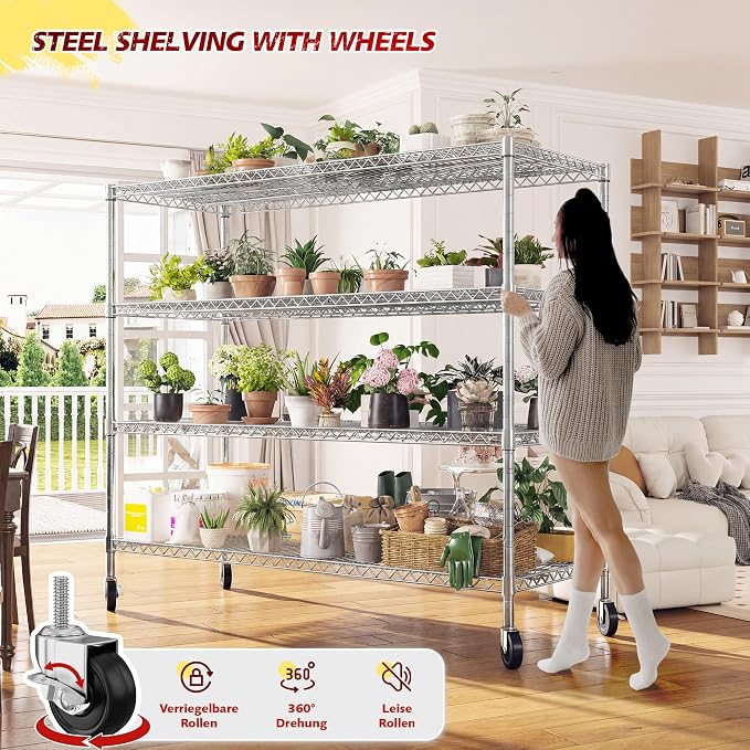 75.6" H Storage Shelves 2500LBS Garage Shelving Unit with Wheels Metal Shelving Heavy Duty Wire Shelves for Storage Rack Adjustable Pantry Shelf Commercial Shelving for Kitchen Garage,55.5''W X 24" D