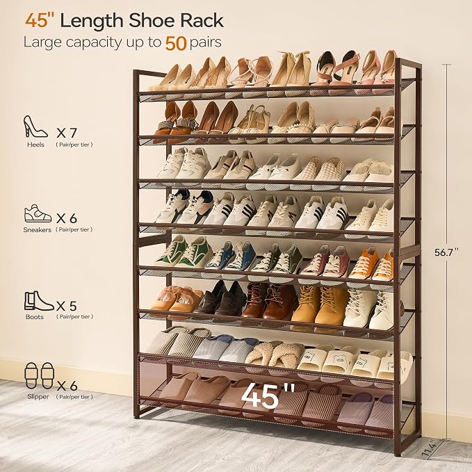 Nunsino Shoe Rack, Long Shoe Organizer,Max Holds 50 Pairs,8 Tier Metal Shoe Storage Shelf,4-Tier Stackable Shoes Organizer for Garage, Entryway,Bronze