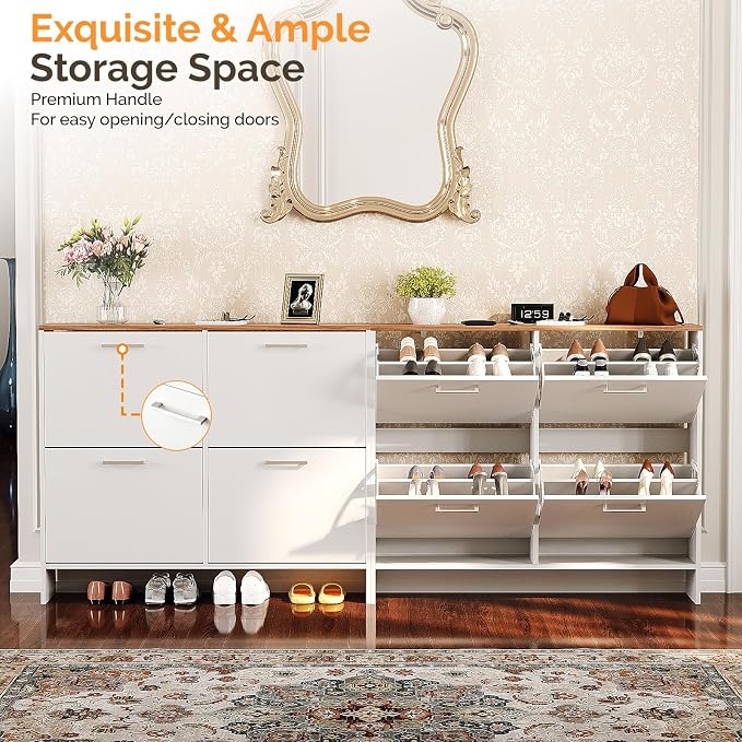 VINGLI Shoe Cabinet for Entryway, Slim Shoe Storage Cabinet with 4 Flip Drawers & Oak Top, Modern Hidden Shoe Rack Organizer, Narrow Shoe Cupboard for Hallway, White, 42 Inch