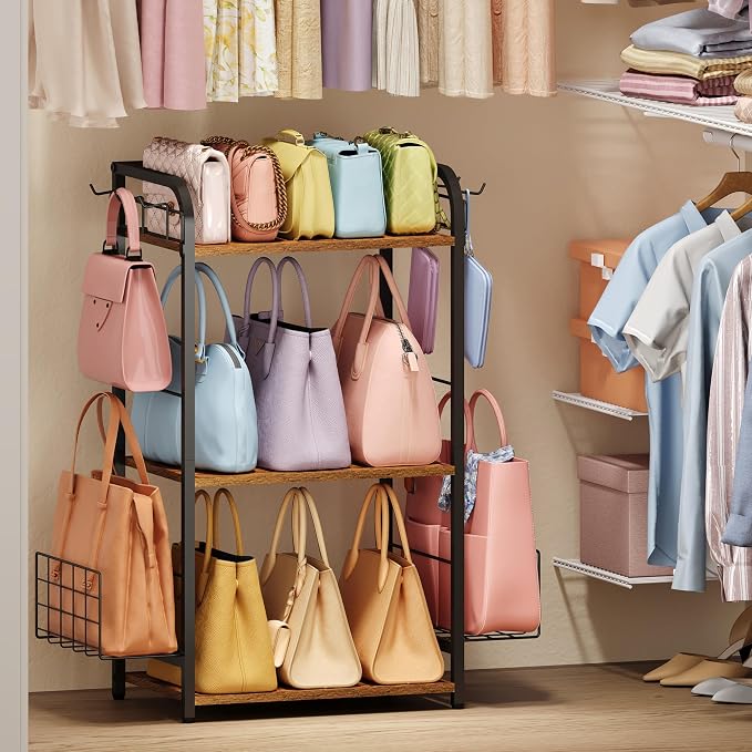 Iron & Wood Floor-Standing 3-Tier Purse Rack with Adjustable Feet, High-Capacity Bag Organizer for Closet, Patent Pending