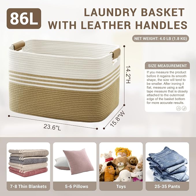 86L Large Woven Laundry Basket Hamper with Leather Handles,Khaki | 24"x16"x14", collapsible wicker hamper, storage for dirty clothes, toys, blankets, gifts, living room, bedroom, bathroom