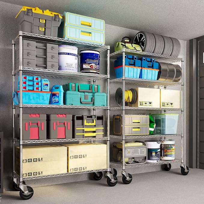 Garvee 5-Tier Metal Shelving with Wheels, Adjustable Storage Shelves Heavy Duty 2000LBS, Chrome Plating Utility Rack NSF Wire Shelving, for Kitchen, Garage, Pantry, Commercial, 47.2" Wx17.7 Dx70.9 H