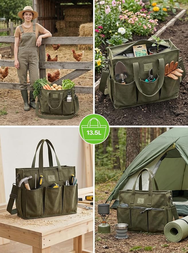Portable Garden Tool Bag, Canvas Organizer with Adjustable Strap – Green