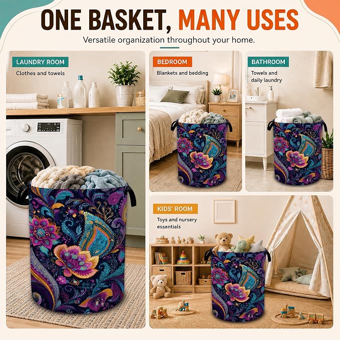Mandala Paisley Flower Laundry Basket with Handles,Vintage Boho Foldable Oxford Laundry Hamper,Collapsible Clothes Storage Basket for Laundry Room/Bathroom/Bedroom/Dormitories 20.8 x 16 Inches