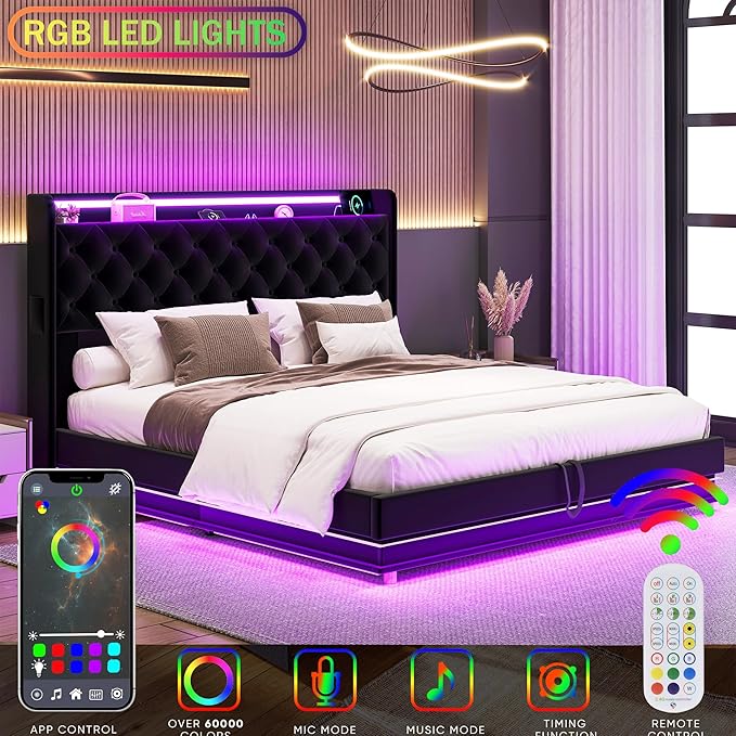 Ailisite Lift Up Storage Bed Full, Bed Frame Full Size with Charging Station & Led Lights, Upholstered Storage Bed with Wingback 2-Tier Bookcase Headboard, Hydraulic Lift, No Box Spring Needed,Black | lift up bed, breathable material