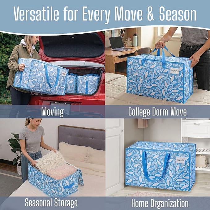 VENO 8 Pack Extra Large Heavy Duty Moving Bags with Wide Opening & Reinforced Handles, Reusable Storage Tote Bags with Strong Zippers for Clothes, College Dorm Essentials & Moving Supplies